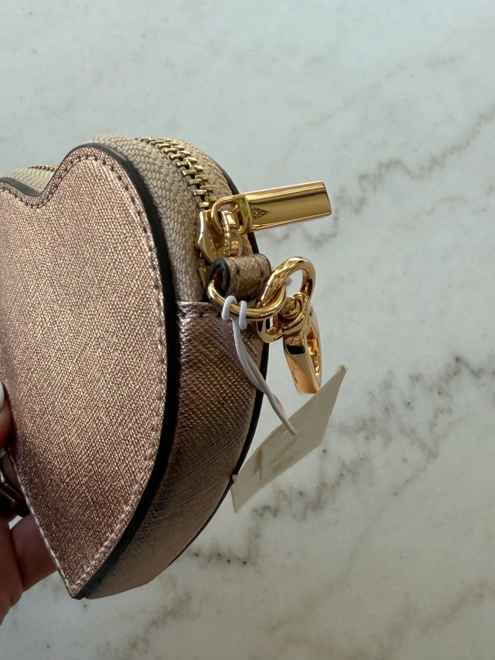 Tory Burch Metallic Rose Gold Heart Leather Coin Purse Keychain Charm NWT